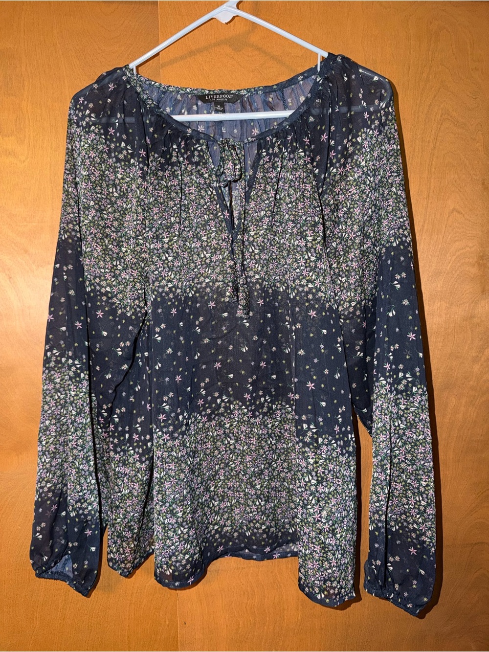 Liverpool Navy Floral Tie-Neck Blouse NWT